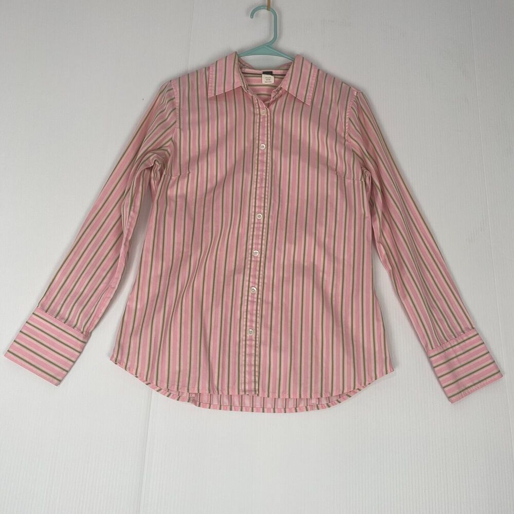 Womens J Crew Blouse Pink Green Stripe SIZE M  Slim Fit Long Sleep Cotton Casual